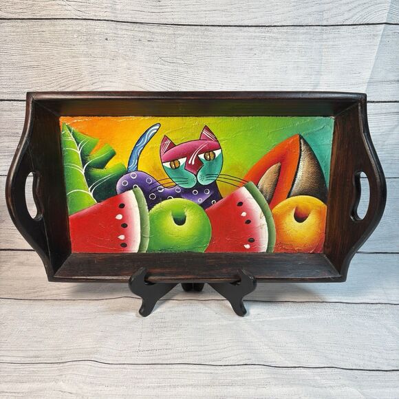Wooden Double Handle PURPLE CAT Tropical Fruit Painted Art Tray Wall Hanging Vtg - Picture 1 of 8